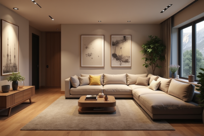 Salon moderne dans un sous-sol rénové et chaleureux