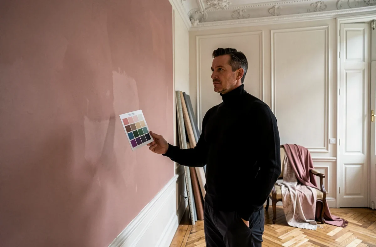 Professionnel de SASU Voltaire inspectant les couleurs d'un appartement hausmanien rénové avec parquet en chevrons et moulures
