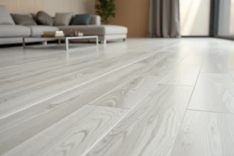 Sol PVC rouleau sans joint visible dans un grand salon moderne minimaliste