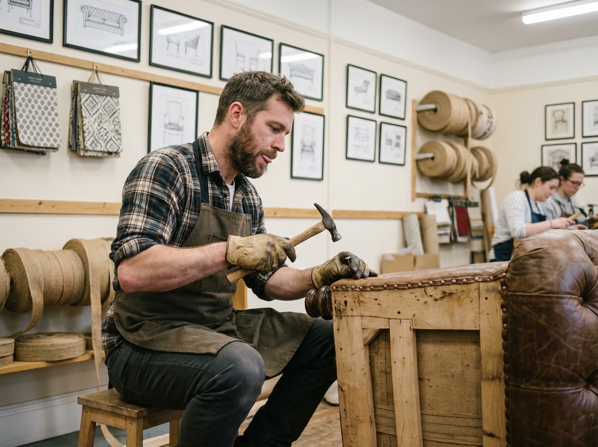 Stagiaire en formation de tapisserie d'ameublement fixant des clous sur un canapé Chesterfield dans une école d'artisanat professionnelle