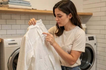 Femme lisant les symboles d'entretien sur l'étiquette d'un vêtement blanc dans une buanderie moderne