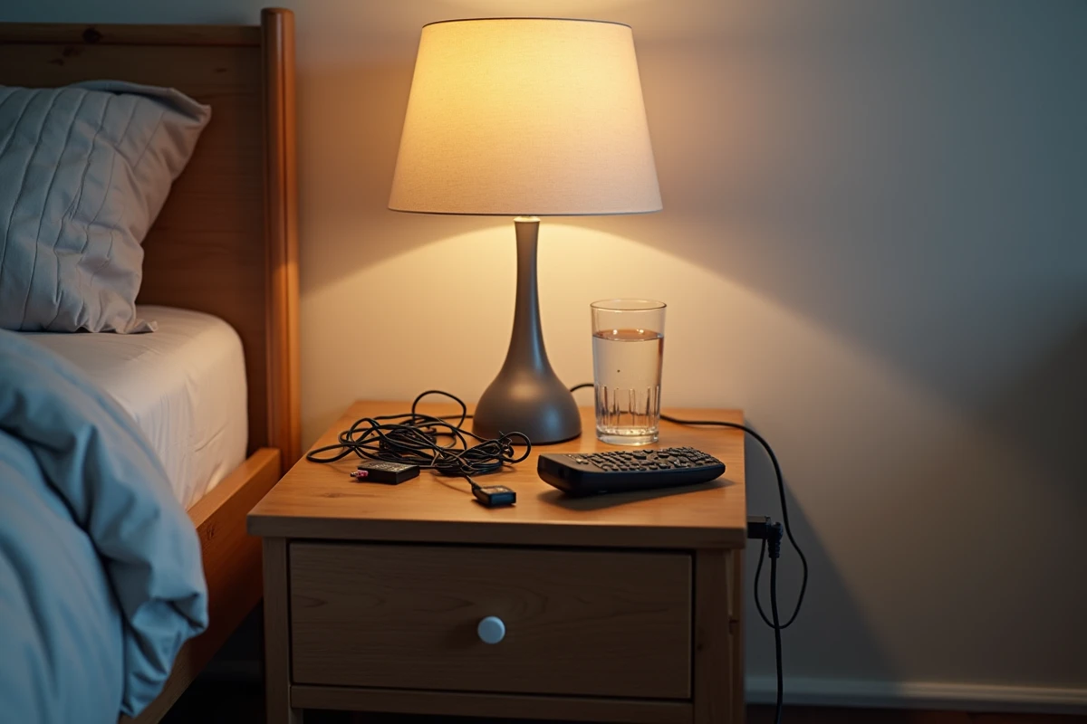 Table de chevet désordonnée avec câbles emmêlés et lampe inadaptée nuisant à l'ambiance de la chambre