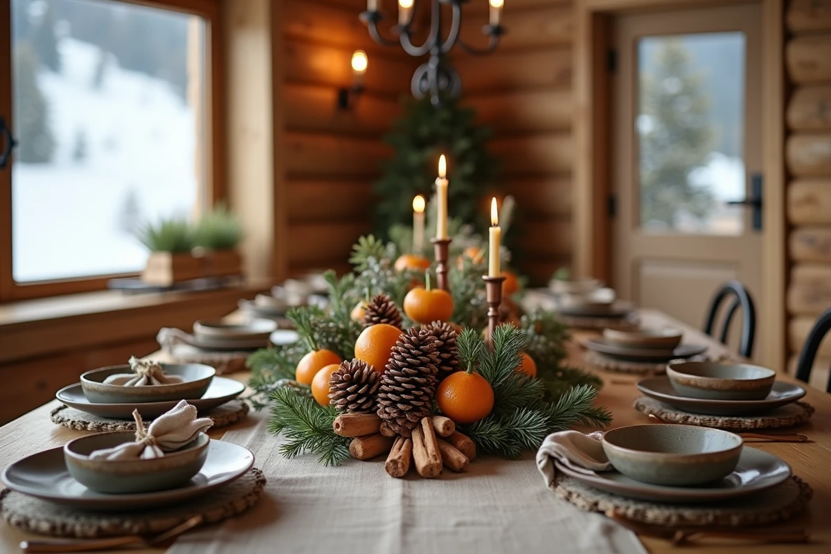 Table de Noël rustique dans un chalet en bois avec décoration naturelle de pommes de pin, oranges séchées et bougies en cire d'abeille