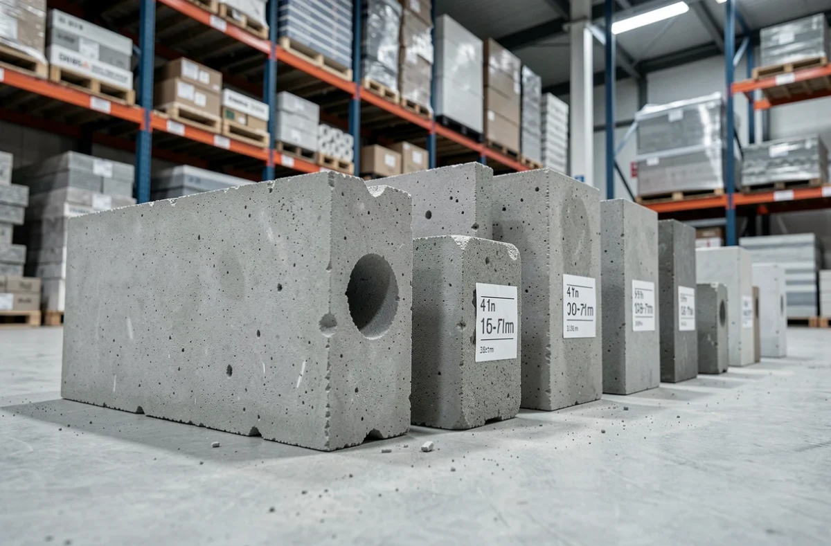Différentes tailles de parpaings en béton alignés dans un entrepôt de matériaux de construction