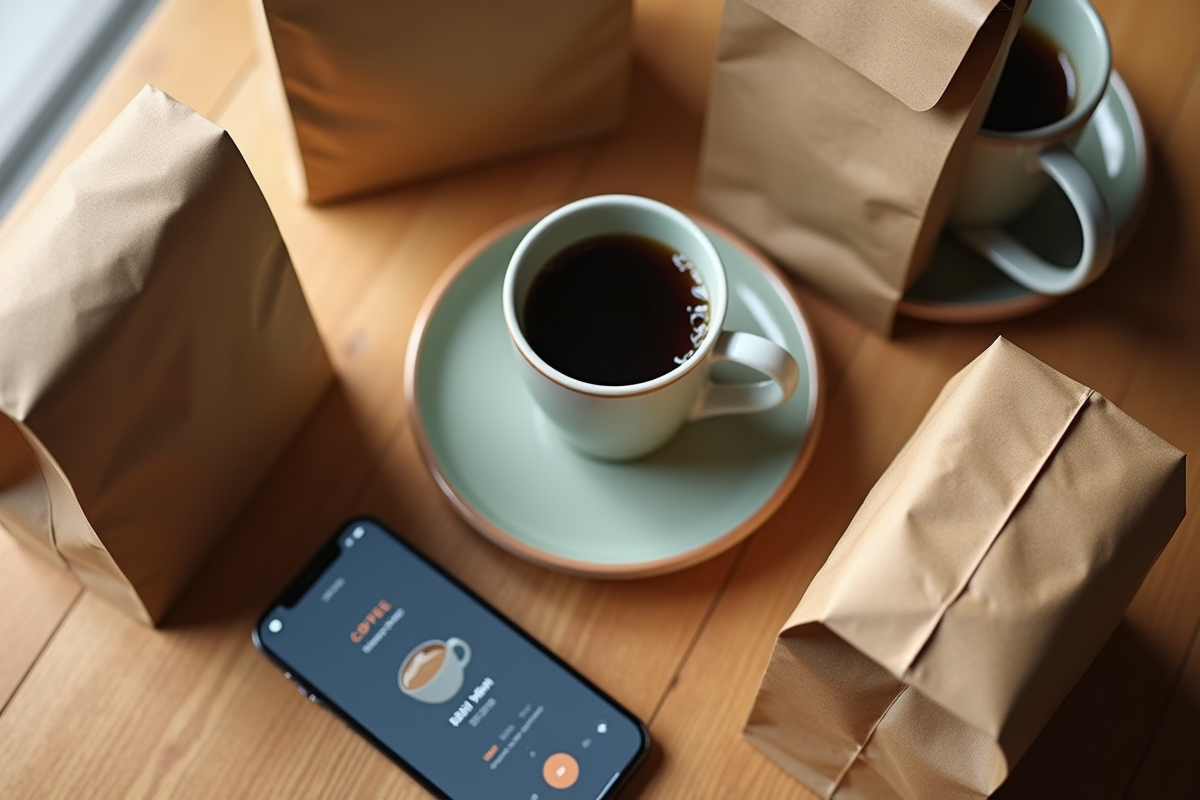 Gros plan sur sacs de café tasses et smartphone sur une table en bois