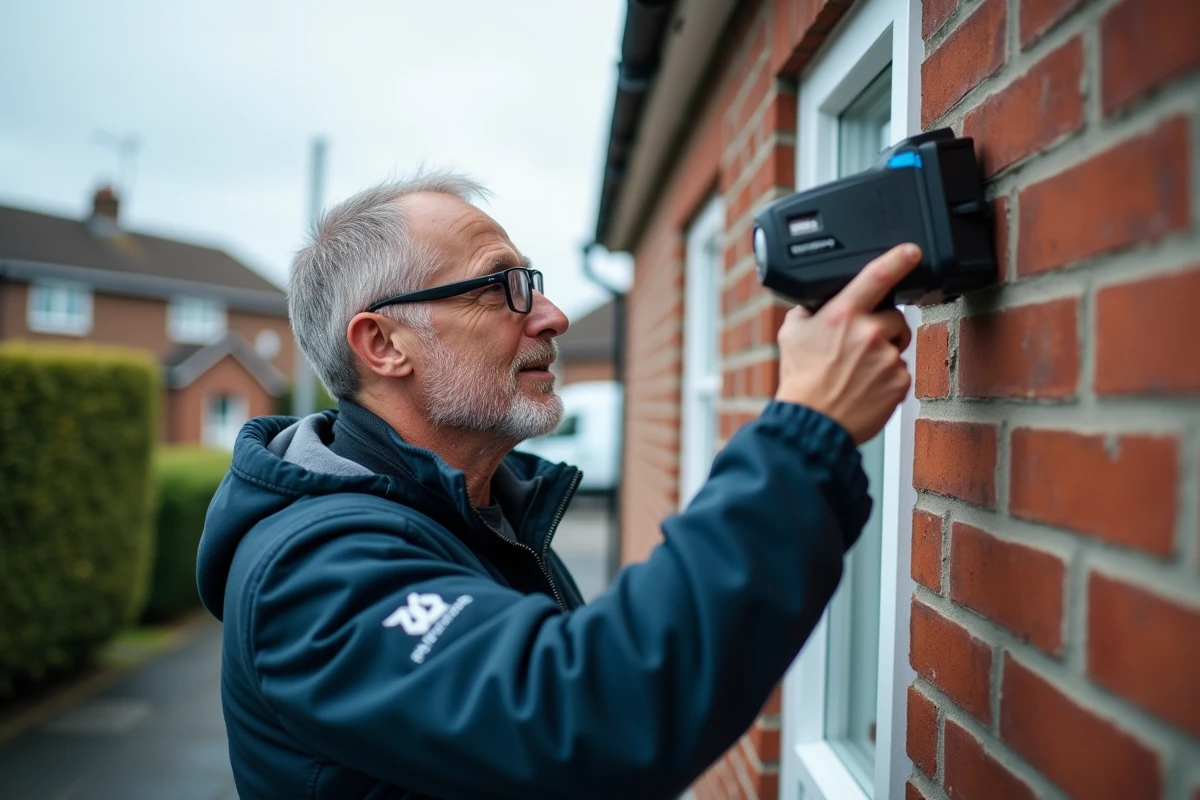 Technicien réalisant un diagnostic thermique sur la façade d'une maison avec caméra infrarouge