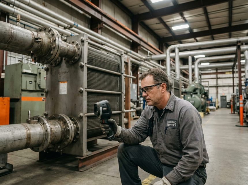 Technicien industriel inspectant un échangeur de chaleur dans une usine moderne, équipement de gestion thermique industrielle