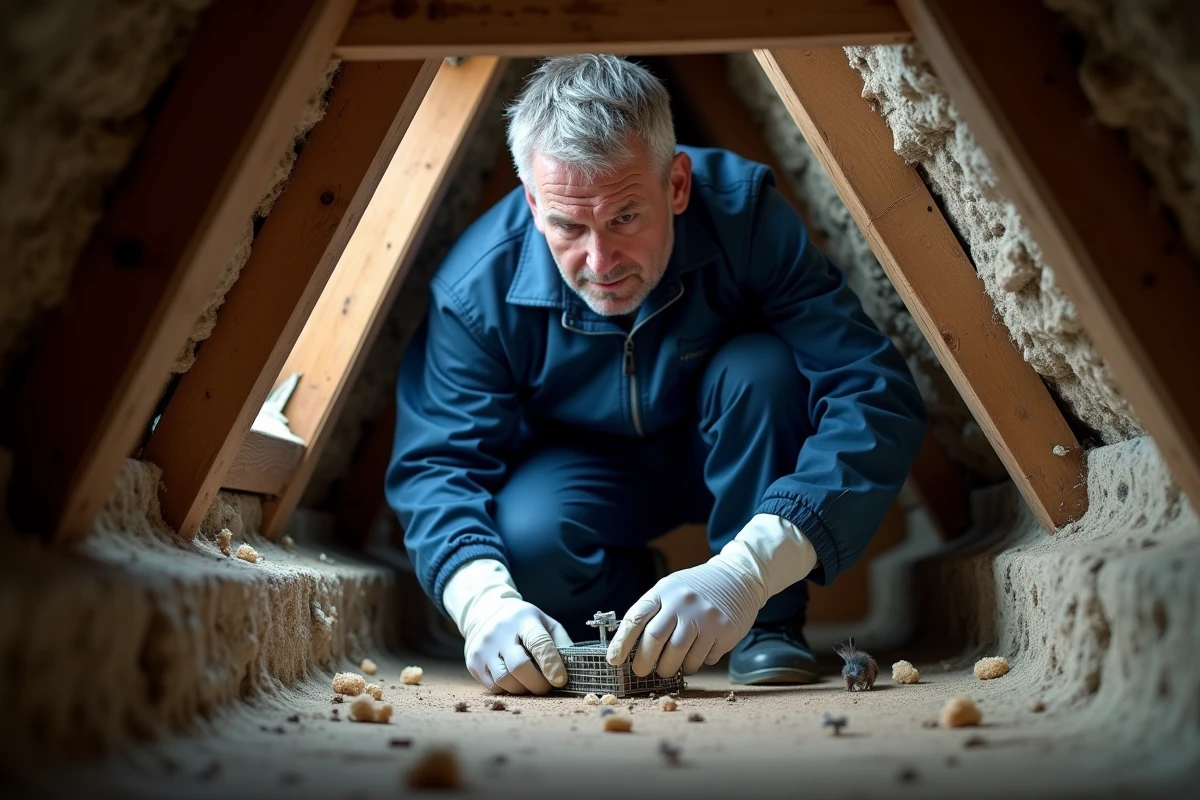 Technicien nuisibles inspectant un piège à loir dans le grenier d'une maison ancienne