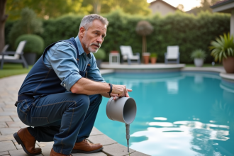 Technicien piscine en extérieur inspectant un tuyau PVC