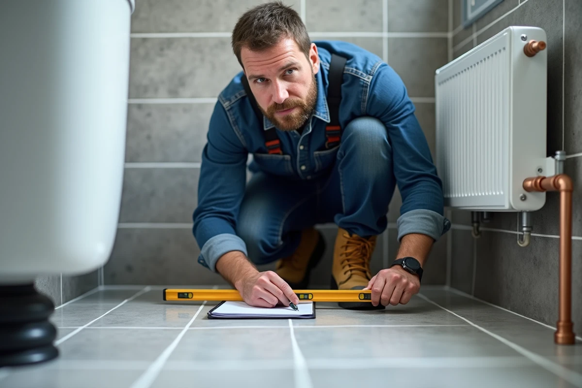 Technicien chauffagiste inspectant le pied d'un radiateur en fonte sur un plancher chauffant en salle de bain rénovée