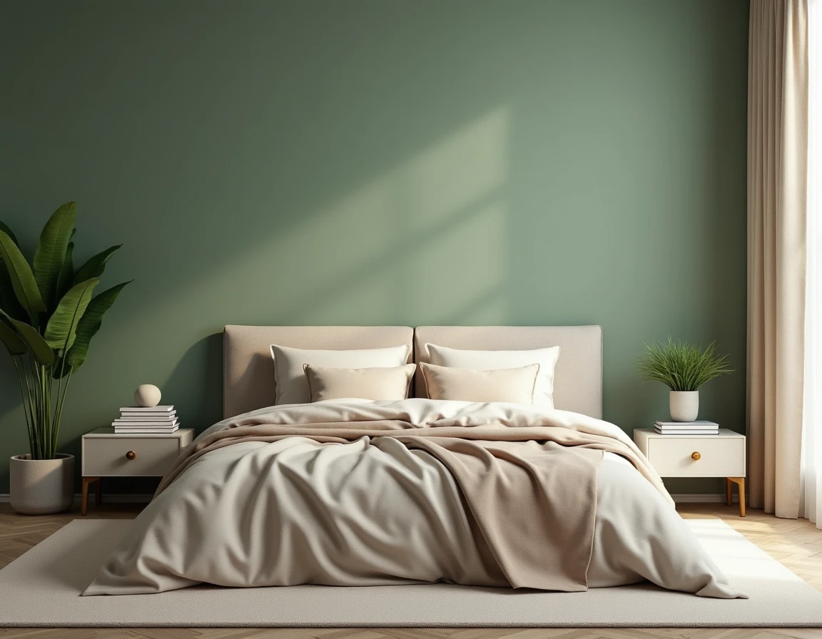 Chambre moderne avec mur accent en vert sauge mat, tendance peinture déco 2026 pour chambre à coucher