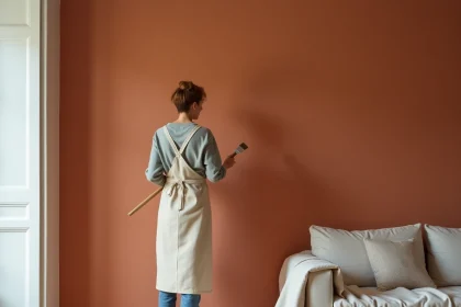 Femme peignant un mur en teinte terracotta dans un salon moderne parisien, tendance couleur 2026