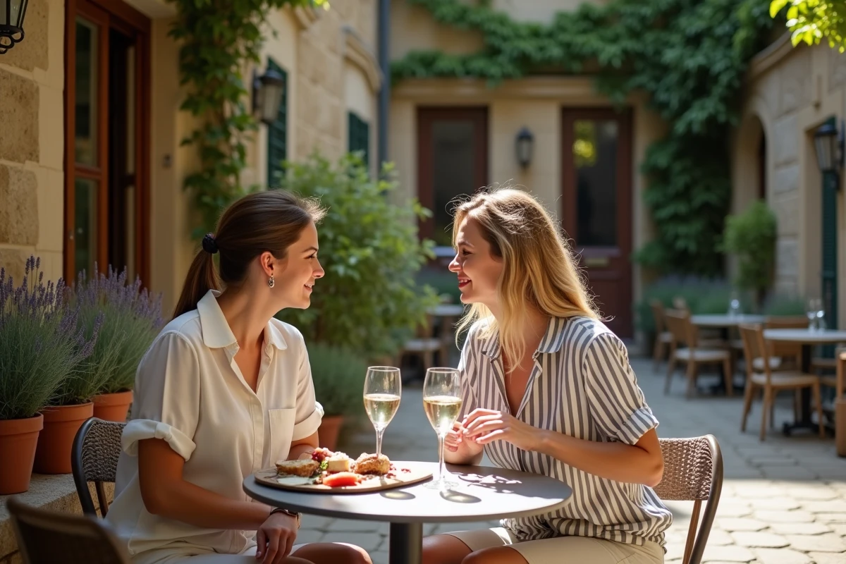 Deux amies déjeunant en terrasse à la Maison Aimable par une journée ensoleillée