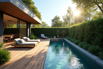 Terrasse de jardin moderne avec piscine et mobilier élégant