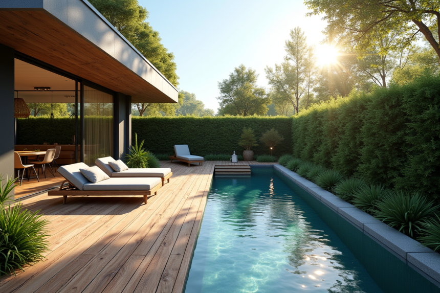 Terrasse de jardin moderne avec piscine et mobilier élégant