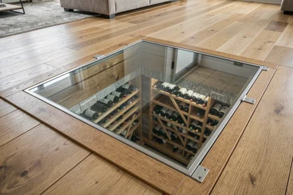 Trappe cave verre encastrée dans un parquet en chêne donnant accès à une cave à vin avec bouteilles visibles en dessous