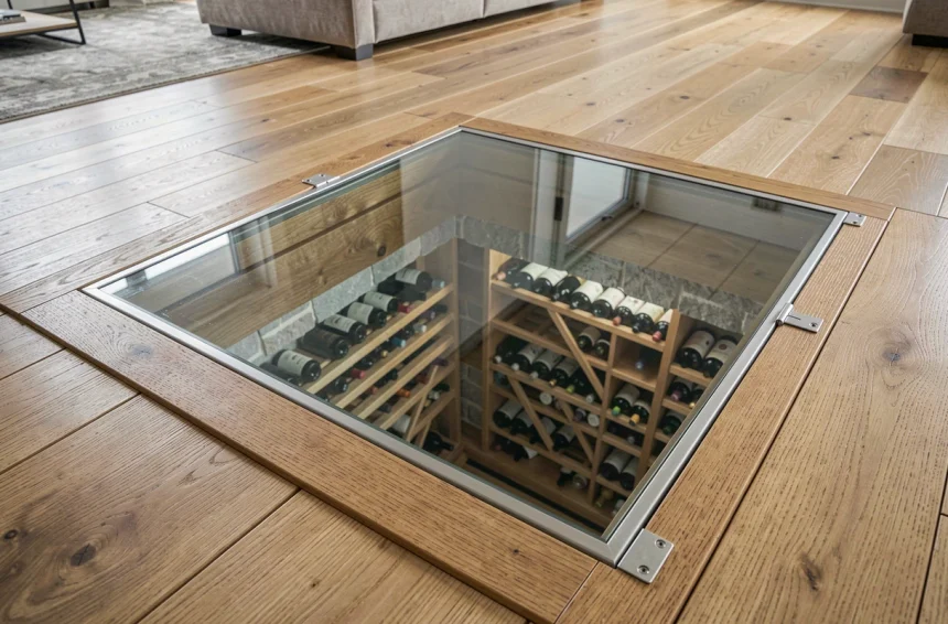 Trappe cave verre encastrée dans un parquet en chêne donnant accès à une cave à vin avec bouteilles visibles en dessous