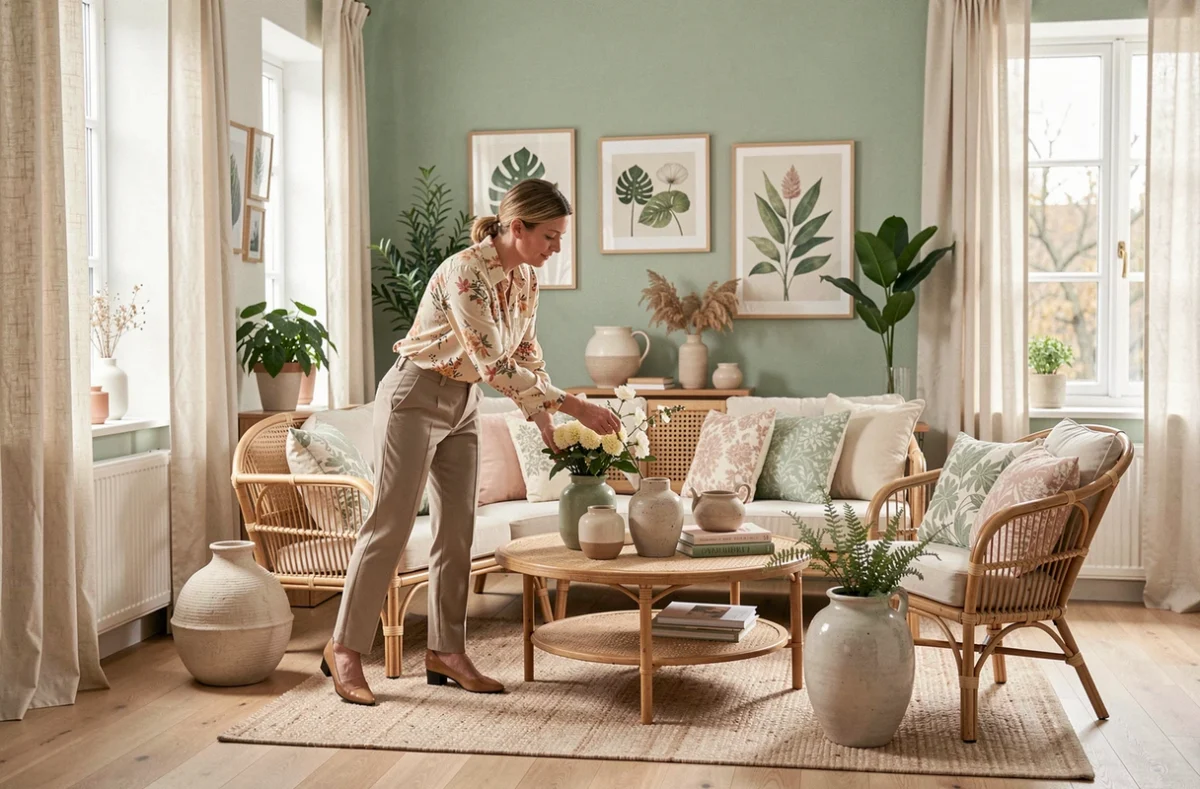 Valérie Pinon décorant un salon résidentiel avec coussins, vases et imprimés botaniques dans une ambiance douce et végétale