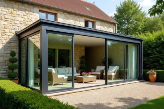 Véranda en aluminium et double vitrage adossée à une maison en pierre dans une région française, vue depuis le jardin