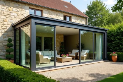Véranda en aluminium et double vitrage adossée à une maison en pierre dans une région française, vue depuis le jardin