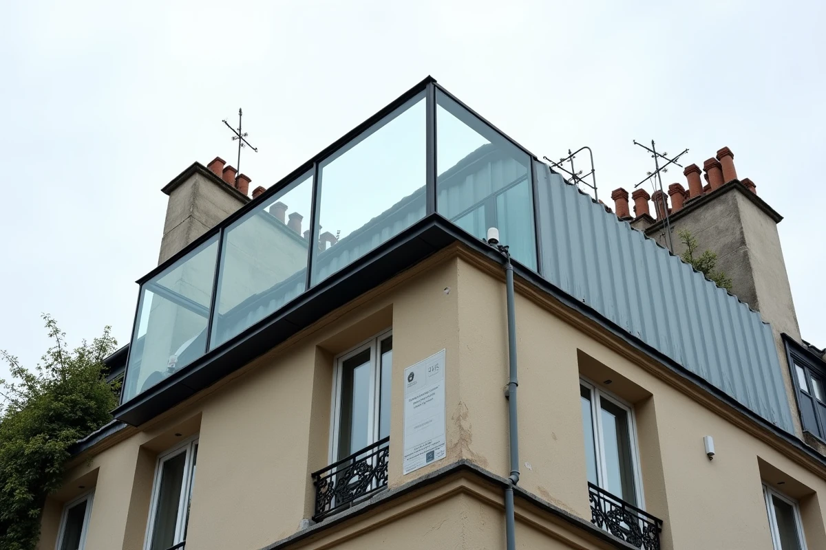 Véranda contemporaine en toiture d'immeuble haussmannien en milieu urbain avec affichage de permis de construire