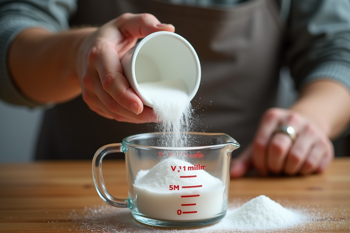Mains versant du sucre dans un verre doseur en bois