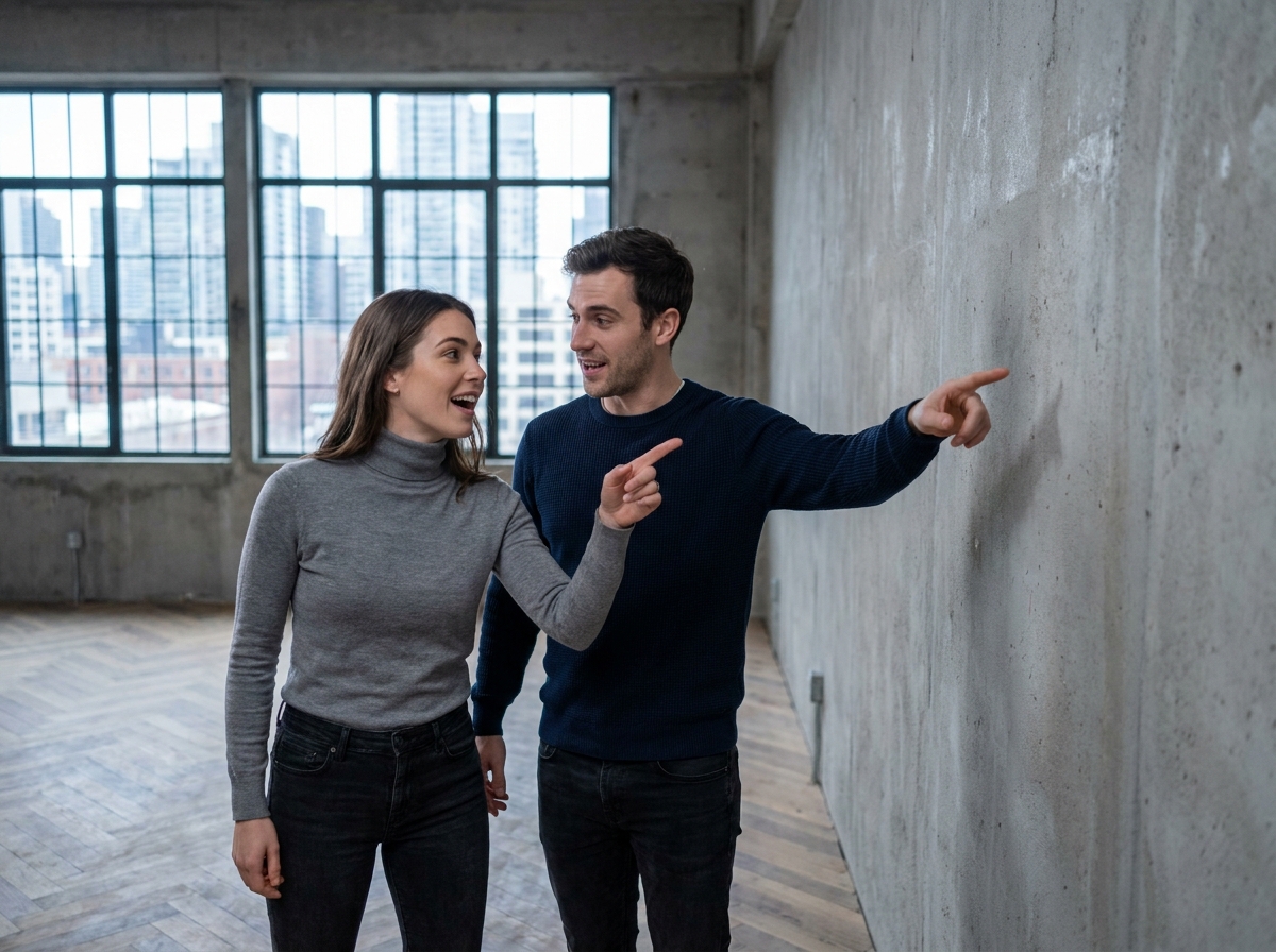 Couple visitant un appartement vide lors d'une visite immobilière pour un premier achat