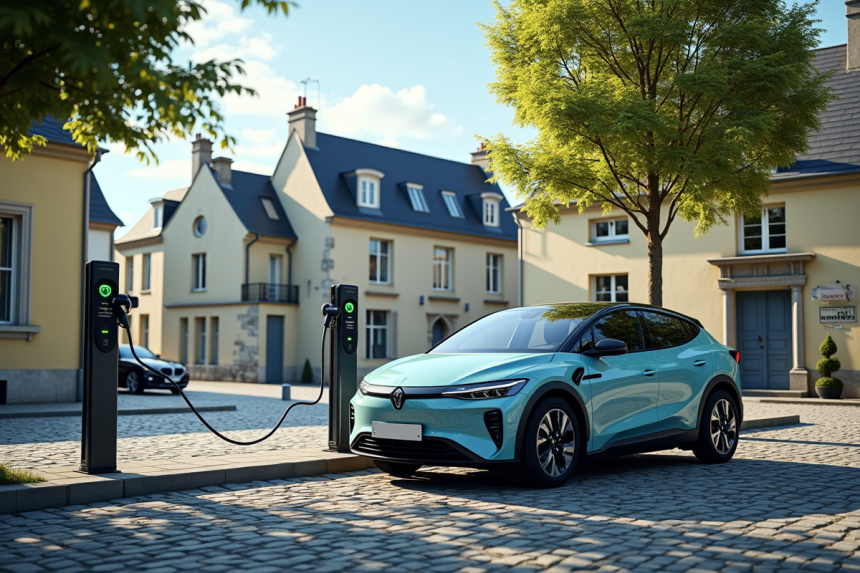Voiture électrique en charge dans une ville normande
